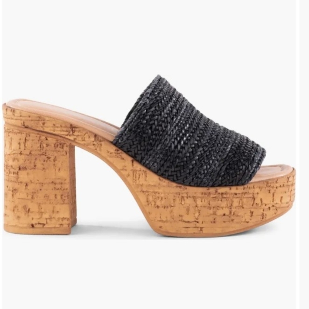Seychelles Applause Slip-On Mule Sandal 4” Heel 1.75” Platform Black Woven Rafia
